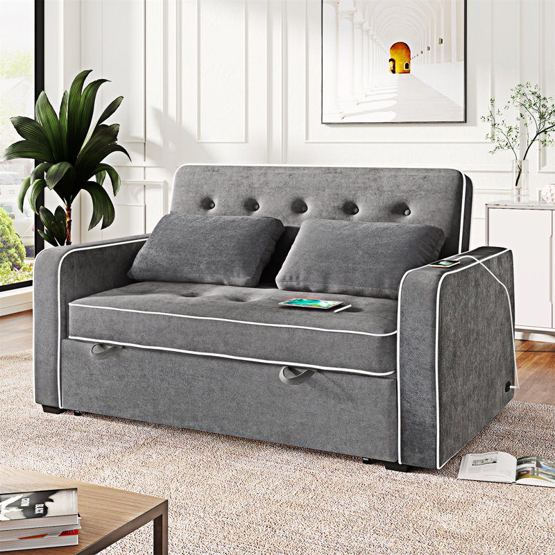 Upholstered Pull Out Sofa Bed With Throw Pillows, USB Charging Port And Adjustable Backrest, Charcoal Gray