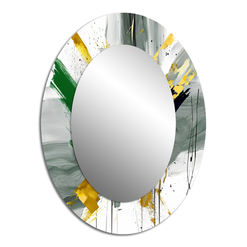 Yellow And Green Abstracted Perspectives II - Large Oval Wall Mirror On Metal, 40" x 30"