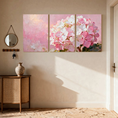 Hortensia fleurs roses sur fond doux, ensemble de 3 impressions sur toile
