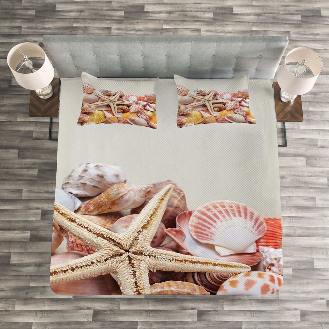 Gestepptes Bettdecken-Set, Stapel von Muscheln Strand, Ozean, Kokoscreme orange