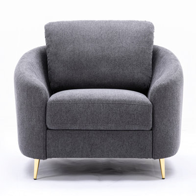 Soft Gray Linen Chair, Slightly Sloped And Rounded , Gold Metal Legs, Seat, Pinewood Structure, Modern Decorative Seating Loose Back Armchair, Fabric, Strong Inner Frame, Home Option