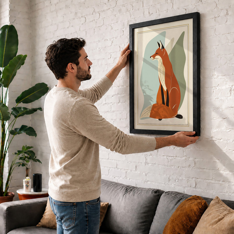 Fox in Profile Mid-Century - Framed Print, Black, A3 - 42.0 x 29.7 cm