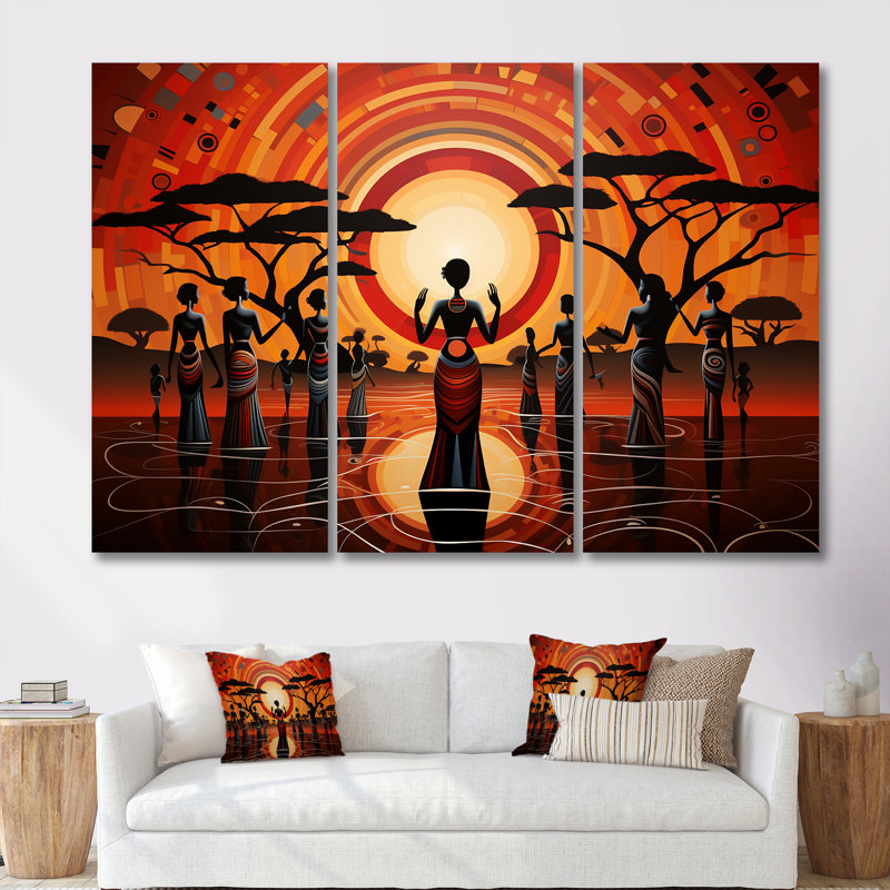 Sacred Full Moon Tribal Celebration - ensemble de salon art mural africain, Toile tendue, H 32 po x l 48 po x P 1 po