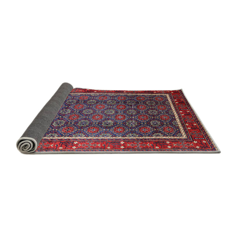 Tapis géométrique rouge / bleu / beige, Rond 7 pi