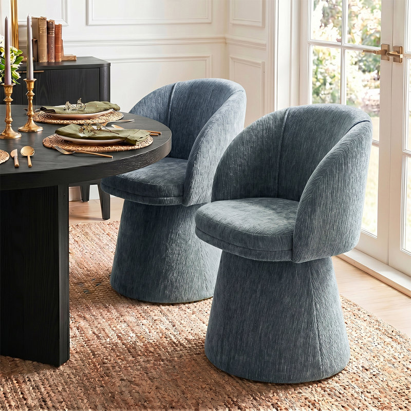 Ensemble de 2 chaises de salle à manger en tonneau pivotant en chenille avec base piédestal rembourrée, Blue