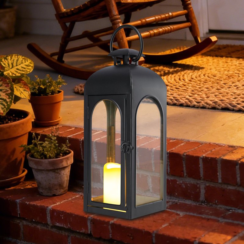 15.75 Inch Black Metal Decorative Lantern With Remote Control Flameless Led Candle – Vintage Hanging/tabletop Light For Patio, Porch, Garden & Indoor Home