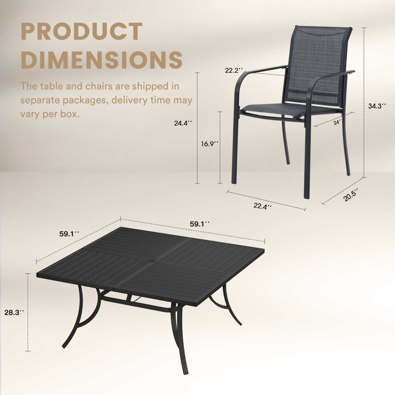 Ensemble repas extérieur pour 8 personnes avec chaises empilables, Noir/gris