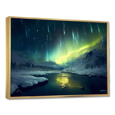 «Green Northern Lights River Snow Landscape - Aurora Borealis», art mural