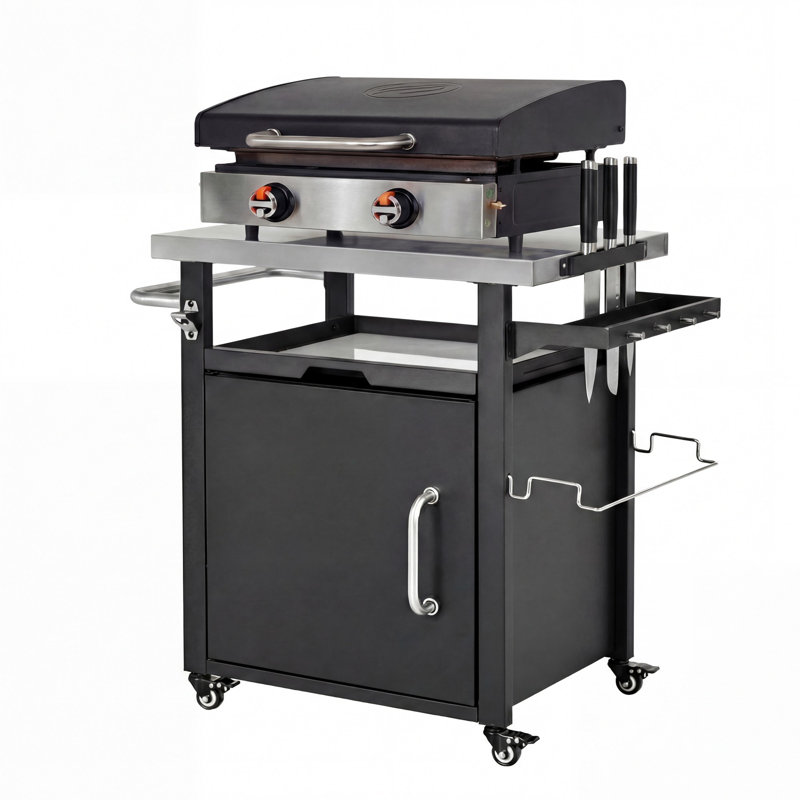 39.5" Outdoor Grill Cart With Stainless Steel Top, Storage Cabinet & Wheels, Bbq Kitchen Island With Spice Rack, Waterproof Cover