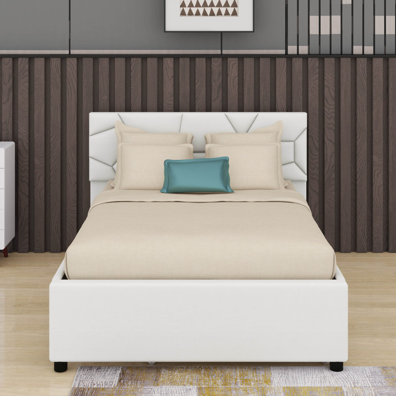 Lit plateforme tapissier avec tête de lit et lit gigogne à motif brique, Beige