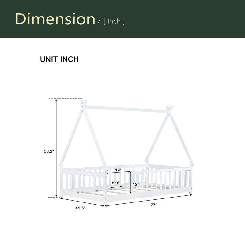 Tent-Shaped Floor Bed,Teepee Bed With Guardrails,Slats, Twin, White