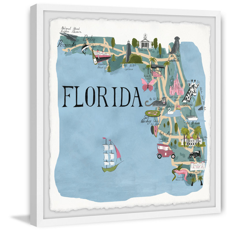 «Illustrated Map Of Florida», reproduction d'art sur papier, H 18 po x l 18 po x P 1,5 po