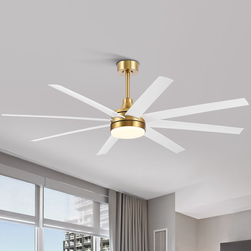 Ventilateur de plafond standard à 8 pales avec télécommande et ensemble d'éclairage Jamii-Leigh inclus, 65", Blanc, Or