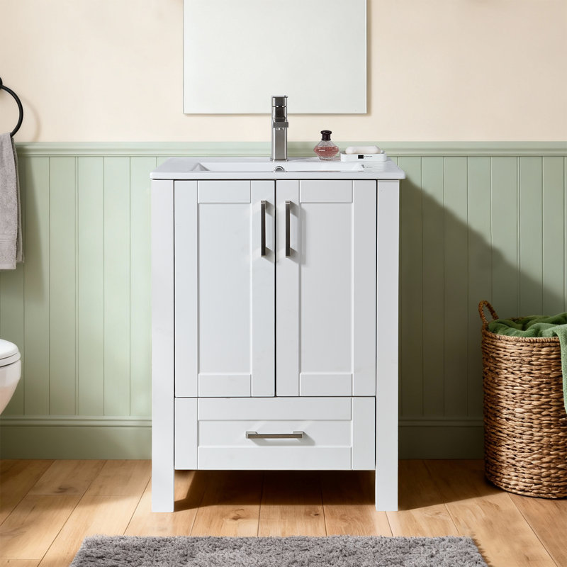 24" Modern Free-Standing Single Bathroom Vanity With Ceramic Top, White