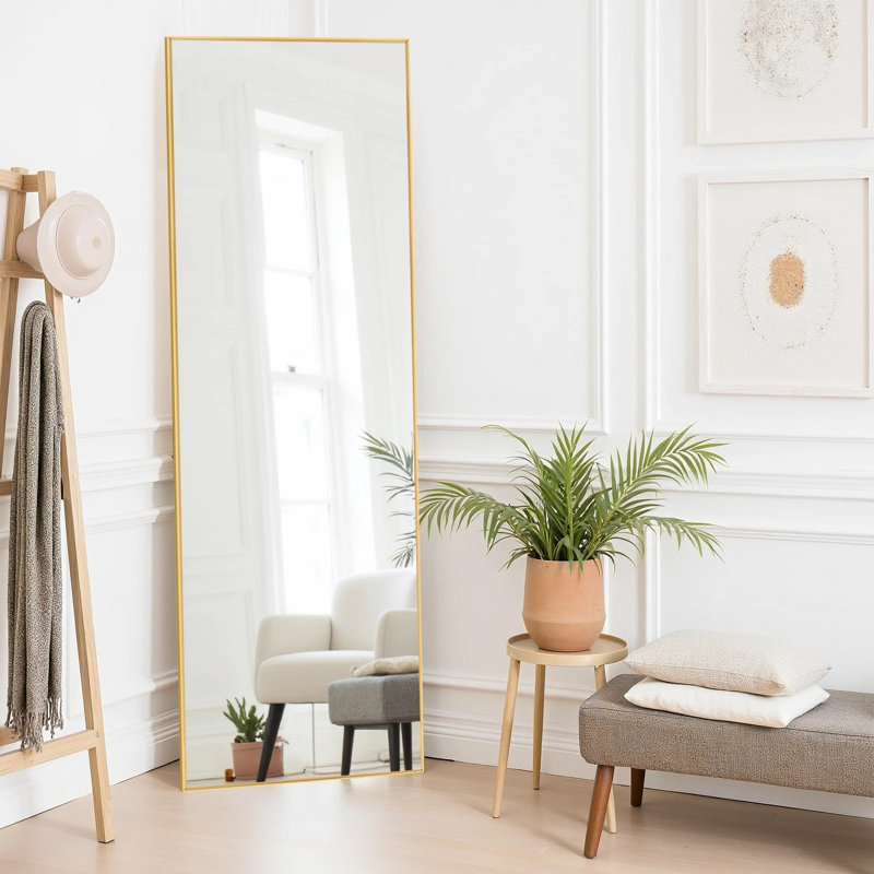 Full Length Mirror, Floor Mirror Standing Hanging Or Leaning Against Wall, Suitable For Bedroom, Gold, 64" x 21"