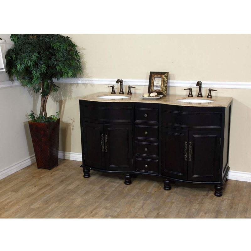 Ensemble de meuble-lavabo double 62 po Barrington, Travertin, Acajou foncé