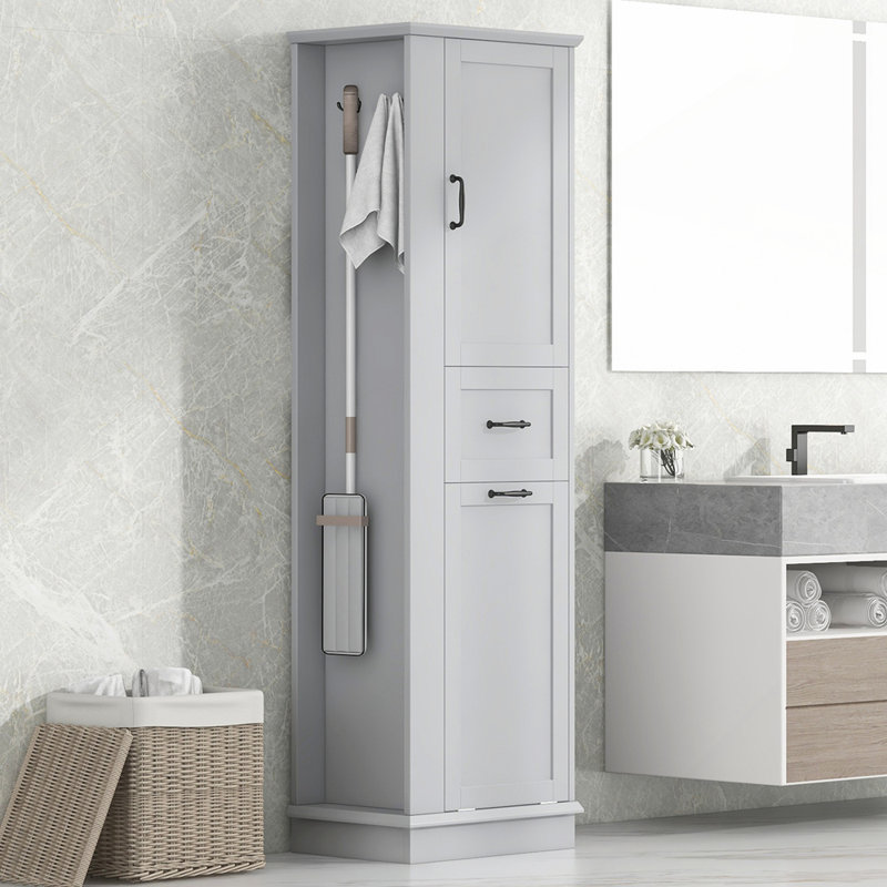 Armoire de rangement de salle de bain moderne avec compartiment inclinable et crochets, Gris