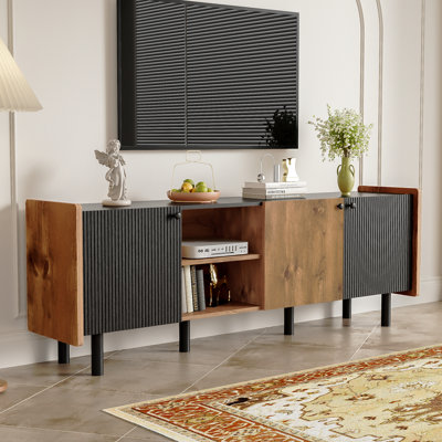 Meuble télé Mid-Century avec 3 armoires, console multimédia pour téléviseur de 70 po ou moins, centre de divertissement avec rangement pour le salon et la chambre à coucher