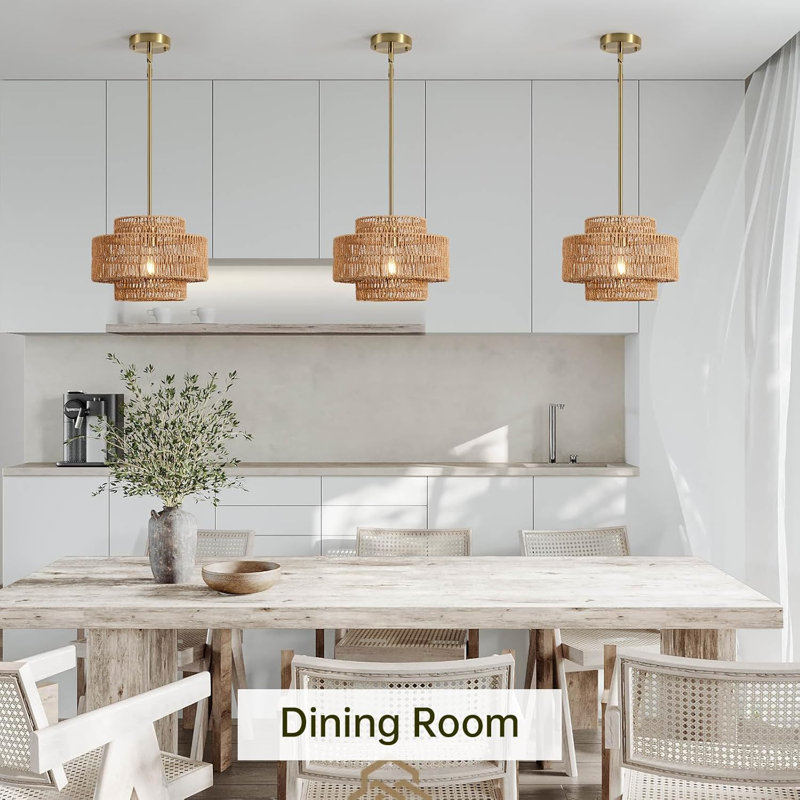 12.4" Boho Rattan Chandelier, Handwoven Pendant Light Fixture With Adjustable Height, Gold-Plated Drum, E26 Socket, For Farmhouse, Kitchen, Bedroom, Dining Room, Living Room, Entryway