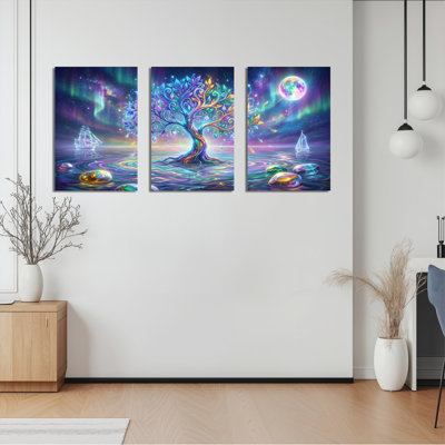 Ensemble de 3 tableaux muraux sur toile représentant un arbre fantastique et un ciel d'aurore boréale.