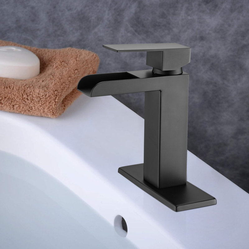 Waterfall Bathroom Faucet Black Single Handle Bathroom Sink Faucets 1 Or 3 Hole Solid Vanity Faucet With Deck Plate & Overflow Pop Up Drain Matte Black