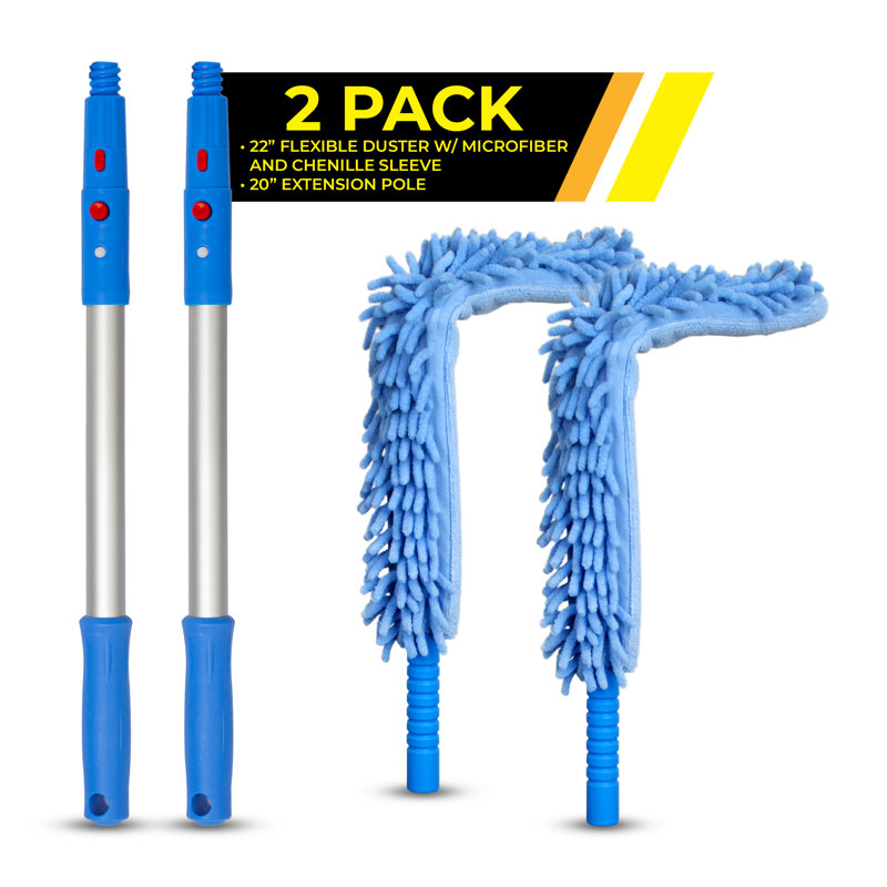 22" Flexible Wand Duster With Microfiber and Chenille Sleeve and 20" Pole, Pack of 2