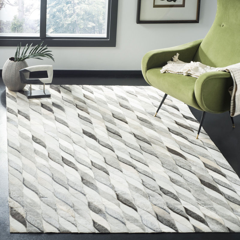 Sevastopol Studio Leather Hand Woven Leather/Wool Geometric Rug in Ivory, Rectangle 8' x 10'
