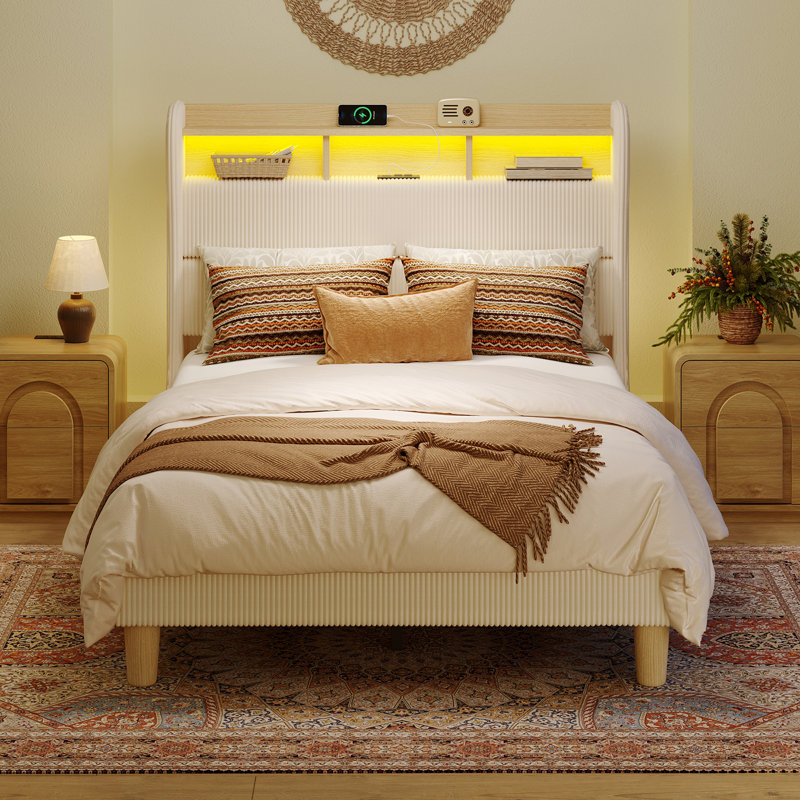 Beige Corduroy Upholstered Platform Bed Frame, Wingback Storage Headboard with RGB LED Lights & USB Type-C Charging Ports
