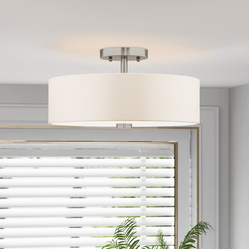 Flaire Fabric Semi Flush Mount, Brushed Nickel, 7.75" H x 15" W x 15" D