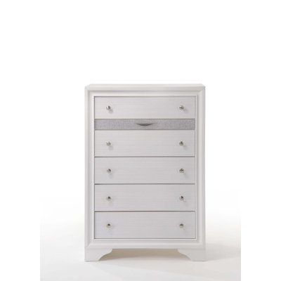 Naima White Finish Chest with Five Drawers, Perfect for Modern and Minimalist Bedroom Storage Solutions.