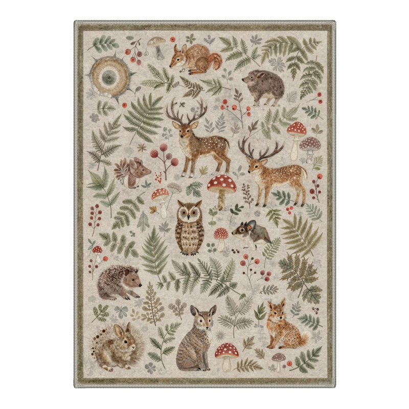 Aarna Woodland Rustic Animals  Beige&Brown Area Rug, Washable Kids Rug with Non-Slip Backing, Rectangle 8' x 10', Brown