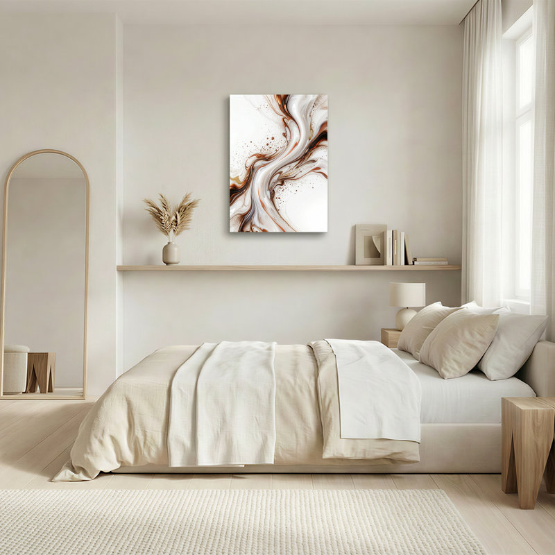 Art abstrait sur toile abstraite tourbillonnante, bronze, blanc, moucheté, fluide, 36"H x 24"W