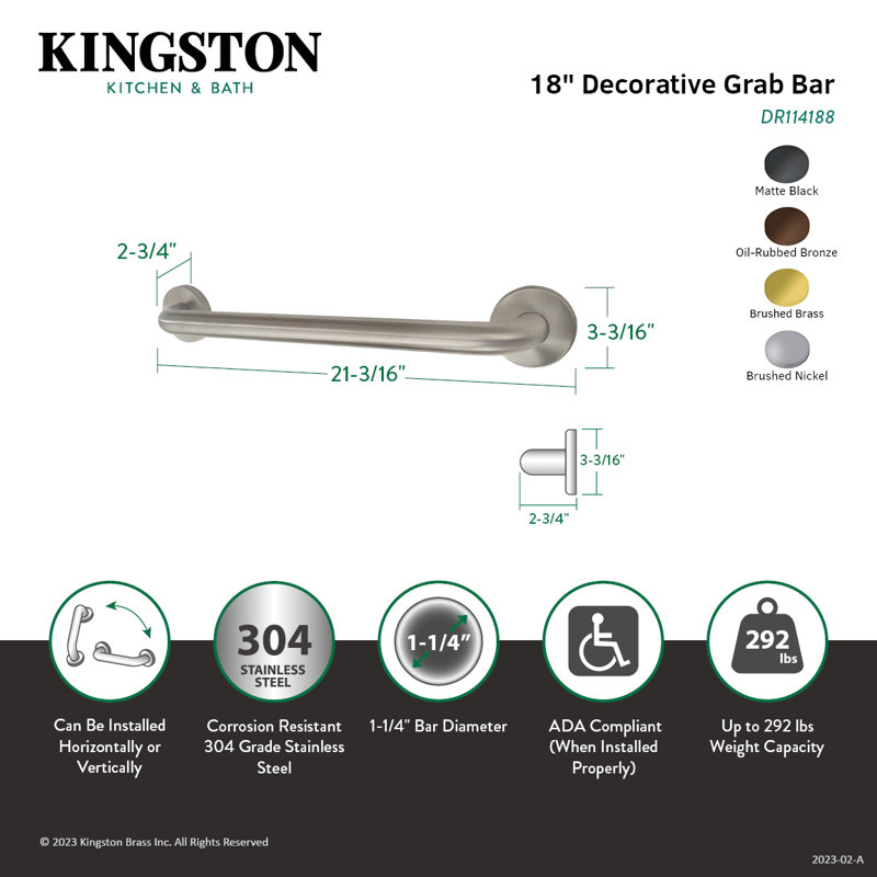 Kingston Brass Americana 1-1/4 Inch O.D Grab Bar, 18" W