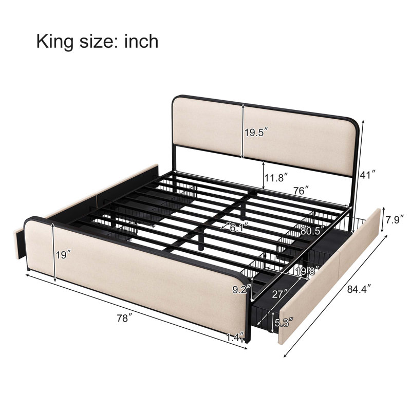 Structure de lit de rangement en métal avec revêtement incurvé, 4 tiroirs, Grand, Beige