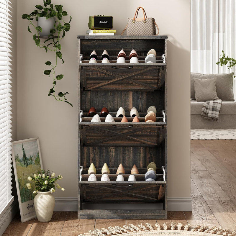 Farmhouse Style Shoe Cabinet With Flip Drawers, Freestanding Entryway Organizer, Narrow Shoe Storage With Metal Accents