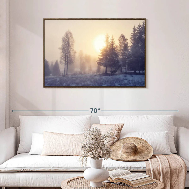 Aube d'hiver, 43 po x 29 po, Cadre flottant noyer