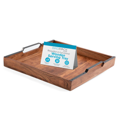 Acacia Wood Serving Tray with Handles - 16 Inch Square Large Serving Tray for Coffee Table, Ottoman, Food, and Drinks - Wood Serving Platter for Parties, Events, and Home Decor