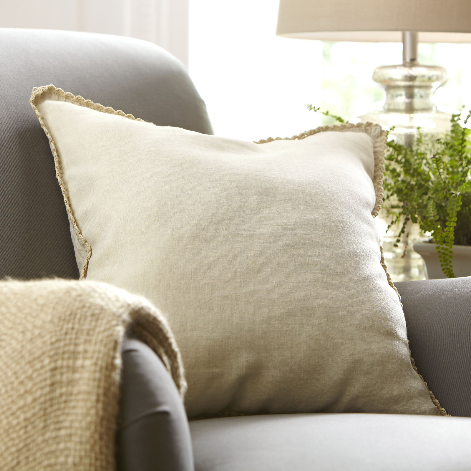 Stokes Embroidered Linen Throw Pillow, 20" x 20", Stone, Pillow Cover Only