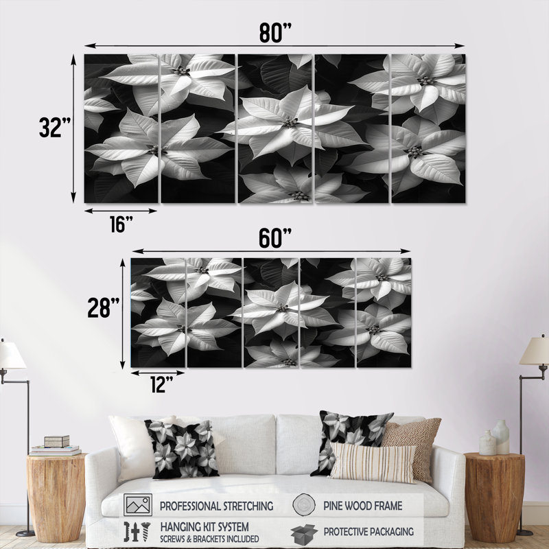 Monochromes poinsettias botanique beauté - ensemble de décorations murales poinsettias, H 28 po x l 60 po