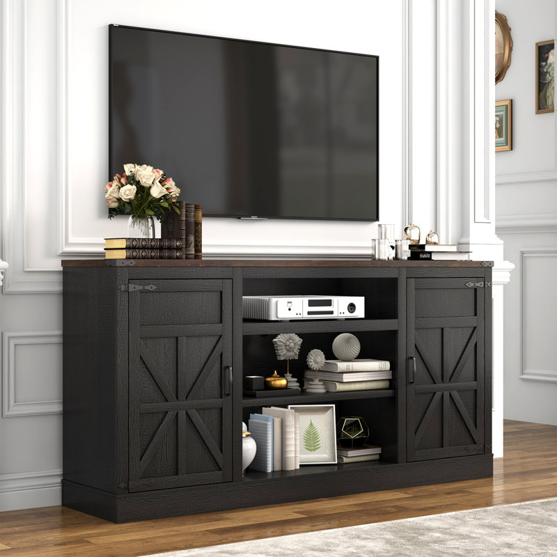 Collings Media Console and TV Stand for TVs up to 75", Black/Brown, 33.5”H x 66”L x 15”W