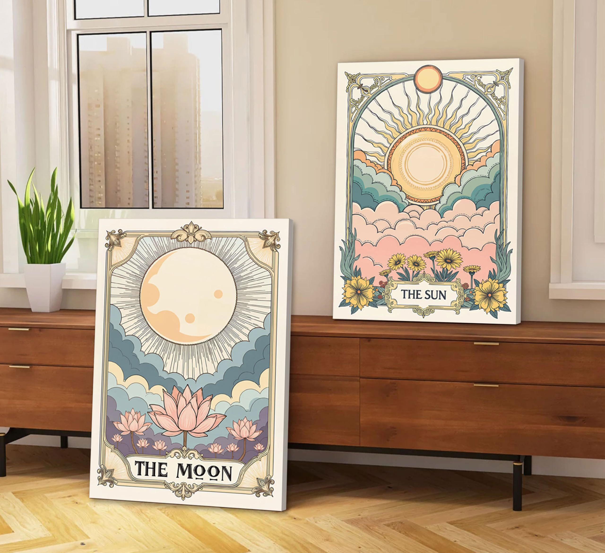 Dakota Fields 2Pcs Vintage Sun And Moon Canvas Wall Art Neutral Tarot ...