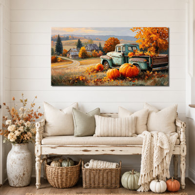 Art mural d'automne, art mural toile citrouille, art mural automne avec camion rétro, décoration murale d'automne, toile tendue de qualité galerie pour maison de campagne, entrée ou salon, 16 po x 32 po