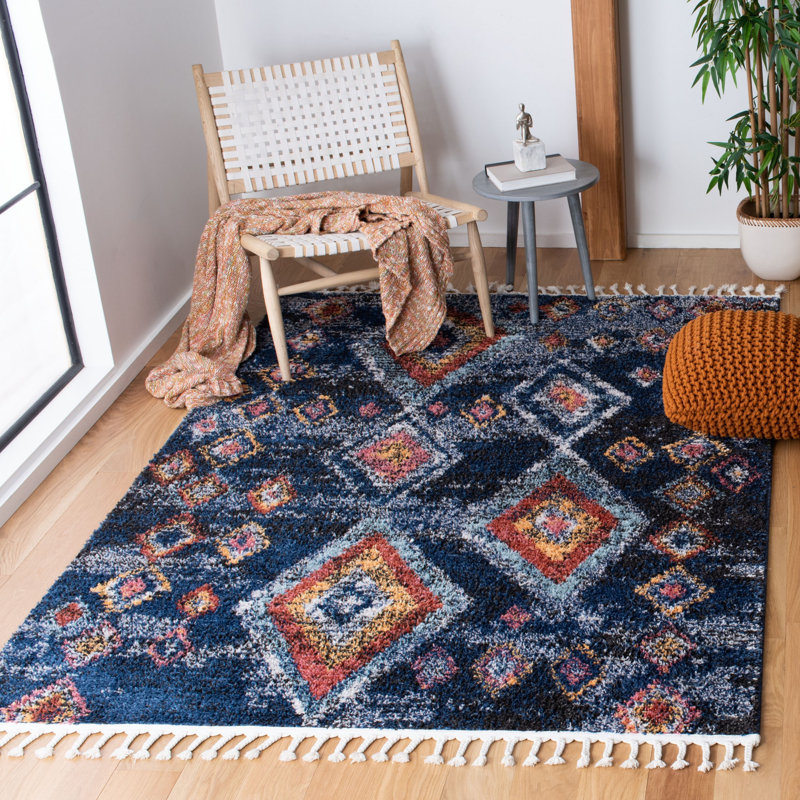 Boho Chic Navy and Multi Diamond Synthetic 4' x 6' Area Rug
