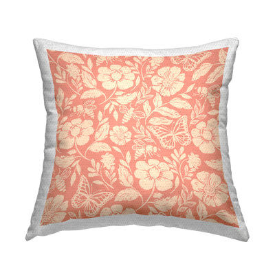 Pink Butterflies & Bees Floral Insect Pattern Outdoor Printed Pillow by Caroline Alfreds