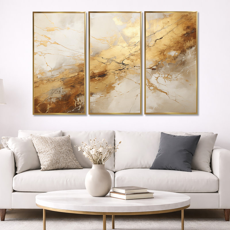 Beige And Gold Marble Lightning I - Abstract Shapes Canvas Wall Art Set, Gold Floater Framed, 40" H x 60" W x 1" D