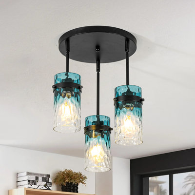 3-Light Modern Artistic Pendant Light with Gradient Blue Hammered Glass Cylinder Shades