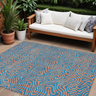 Tapis extérieur bleu sarcelle lavable abstrait 9 pi x 12 pi bleu et rose
