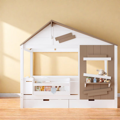 Lits jumeaux de style ferme avec tiroirs de rangement, structure de cabane de jeu en pin et MDF pour enfants