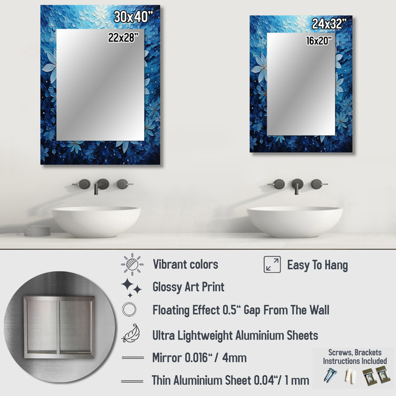 Flowers Glacial Majesty Pointillism - Flowers Unique Wall Mirror, Traditional Mirror, Printed Metal Art, 32" x 24"