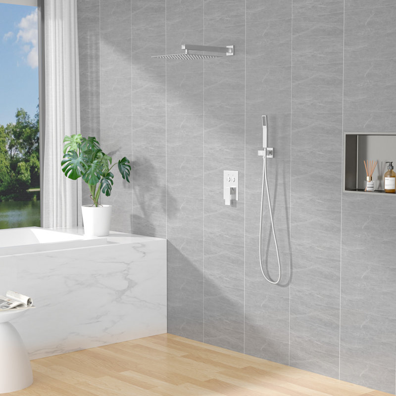10 Inch Rain Shower Head Shower System Push Button Diverter Shower Set Wall Mount Shower System, Polished Chrome